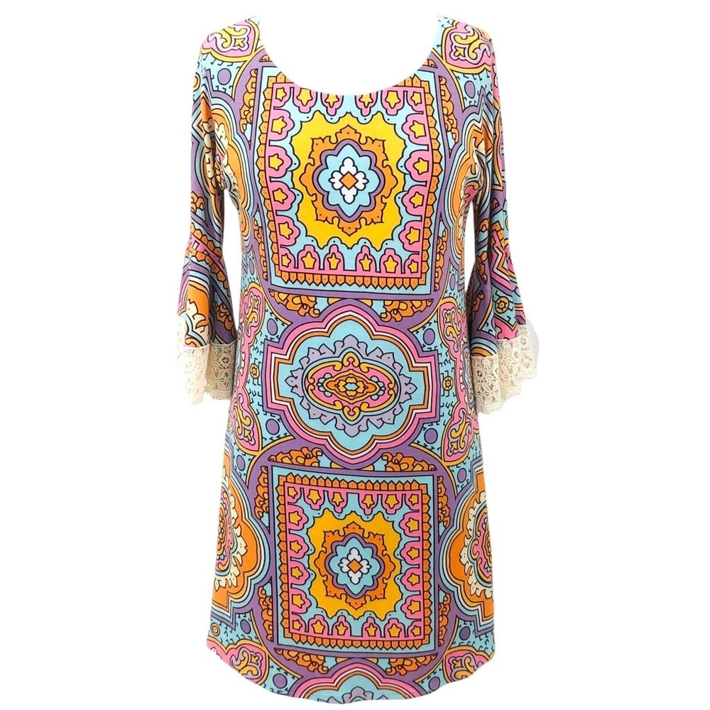 Judith March Lace Flare Sleeve V-Neck Boho Fit & Flare Mini Dress Sz Medium